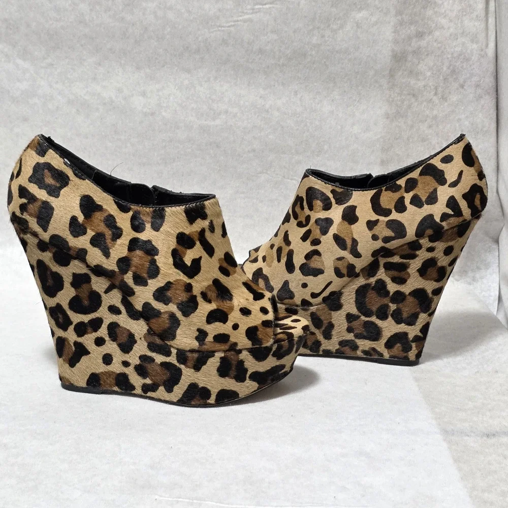 Leopard Print Pony Hair Platform Wedge Booties - Peep Toe - Size 8M